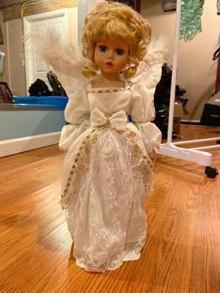 Angel 17” Porcelain Doll White With Gold Trim & Dress,  Blonde Hair,  Stand