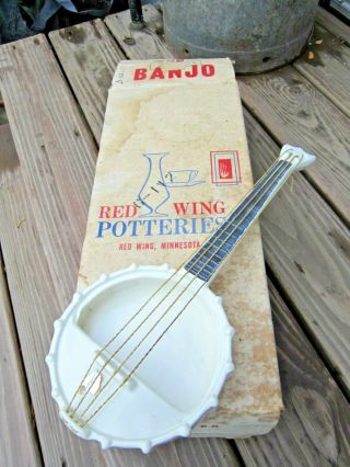 Vintage Red Wing Pottery Wall Pocket Banjo White Planter 908 W/box