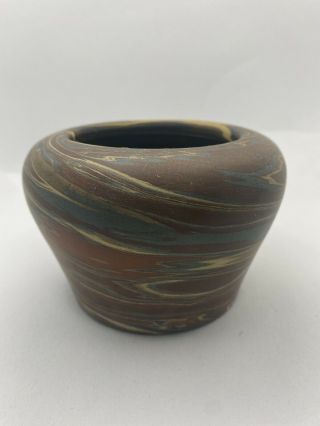 Niloak Pottery Bowl Vase Swirled Brown Blue Ivory