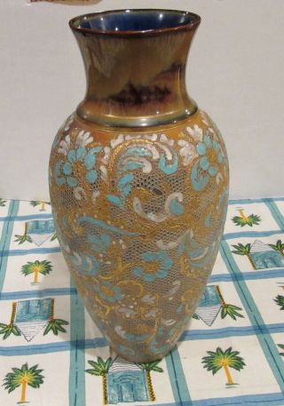 Doulton Lambeth Slaters Gilt Bronze Stoneware Vase 1894 11 In 3