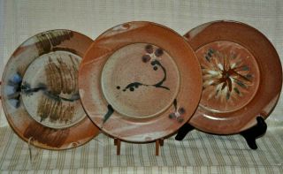 Set Of 3 - Hand Thrown Artisan Pottery Plates 9.  5 " Artist Signed