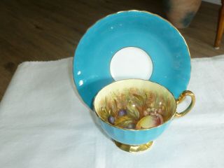 Aynsley Turquoise Fruit Orchard Cup & Saucer Signed D.  Jones