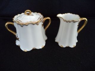 French Haviland China Cream Pitcher Covered Sugar Bowl White W Gold Sch17 Limoge
