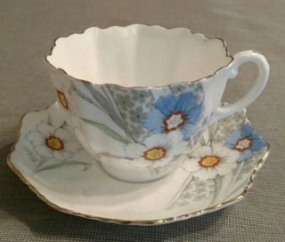 Paragon Vintage Teacup And Saucer Fluted White Blue Daisy Double Warrant
