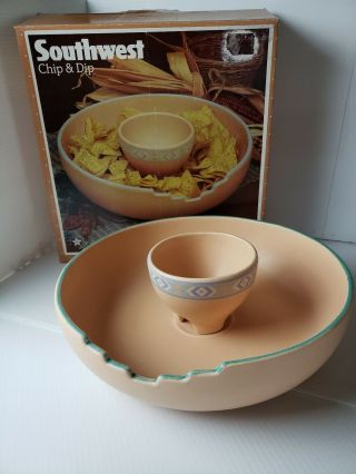 Vintage 1987 Treasure Craft Southwest Chip & Dip Bowl Set Adobe Large