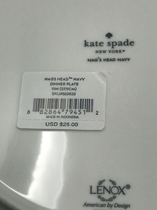 Kate Spade Nag ' s Head Navy Dinner Plates - Set of 2 - NWT - 11 