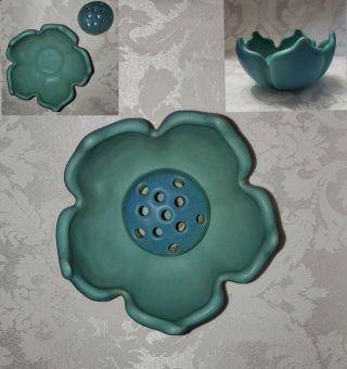 Collectible Signed Vtg Van Briggle 2 Pc Lotus Flower Frog Ming Blue Vase Pottery