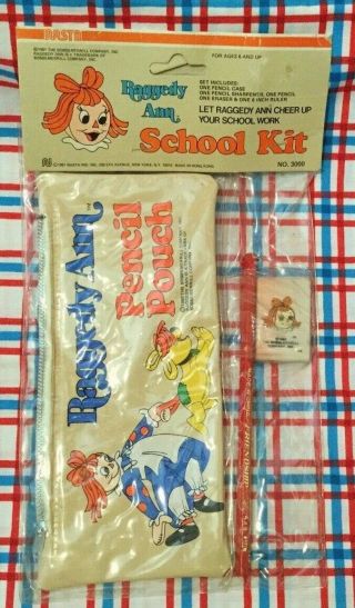 Raggedy Ann & Andy Arthur School Kit Pencil Pouch Eraser Vintage W/ Pkg By Nasta