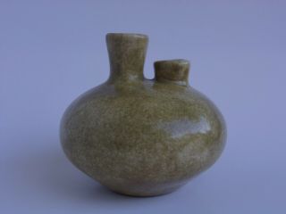 Vintage Studio Pottery Mid Century Modern Signed 2 Spouted Vase Speckled Glaze