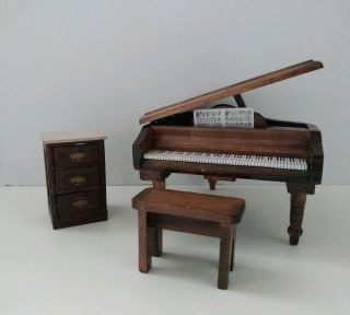 Vintage Doll House Furniture Grand Piano W/bence & 3 Drawer Nightstand