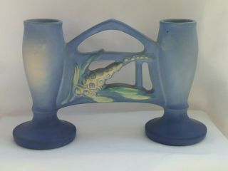 Vtg Roseville Pottery Foxglove Blue Double Bud Vase 160 - 4.  5