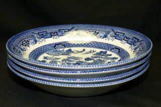Set Of 4 Churchill Blue Willow England 7 3/4 " Soup Pasta Plates Coupe Bowls Euc
