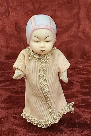 Antique 1914 All Bisque Asian Doll Molded Bonnet Molded Long Hair Braid 3 1/2in.