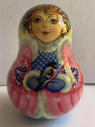 Russian Doll Matryoshka Signed Roly Poly Bell Rattle Hand Painted Bird Signed