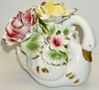 Vintage Capodimonte Large Swan W/roses Leaves Flowers Italy 8 1/2 " Tall