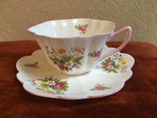 Shelley Tea Cup And Saucer 12 Fluted Edges Rose Bouquet Or Flower Garden Pink