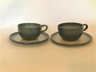 2 Vintage Heath Ceramics Sea & Sand Green Mcm Sausalito Flat Cups Saucer
