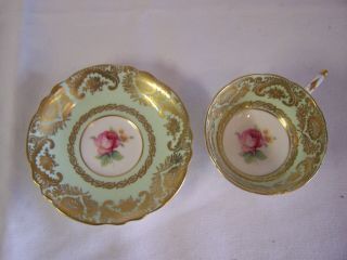 Paragon Green Tea Cup And Saucer With Pink Cabbage Rose