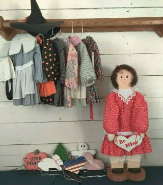 Vintage Handmade Wooden Doll With Holiday Hand Sewn Dresses And Wooden Signs