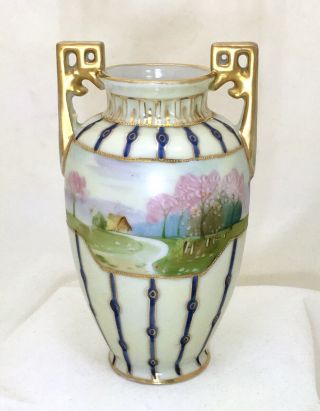 Antique Morimura Nippon Hand Painted Scenic Ware Gold Beaded 6 " Porcelain Vase