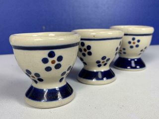 Set Of 3 Boleslawiec Polish Pottery 2 " Egg Cups // White W/ Blue Dots 1oz