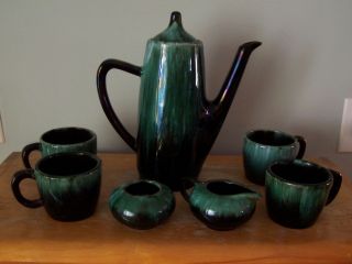 Vintage 8 Piece Blue Mountain Pottery Coffee Set - Pot,  4 Cups,  Cream & Sugar