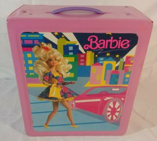 Vintage 1989 Mattel Barbie Doll Pink Fashion Vinyl Carry Case Trunk Wardrobe.