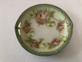 Antique Pk Silesia Germany Poland Reticulated Pink Roses Beaded Gold Dish Plate
