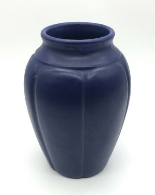 Antique Arts & Crafts Zanesville 795 Pottery Vase Matte Blue Glaze Vtg 6 Panel