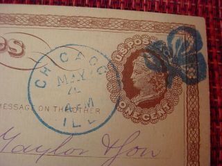 1873 Us Postal Card Blue Fancy Chicago Cancel Post Mark May 4th 1874