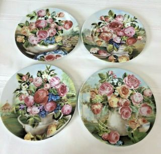 4 Vintage Porcelain Limoges Floral Dessert Plates Roses French Home France 7.  5 "