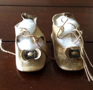 Antique Vintage Leather Doll Shoes with Metal Buckle - 3 
