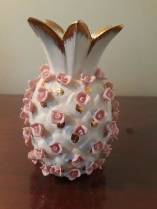 Vintage Lefton China White Pineapple Vase W/ Raised Pink Roses & Gold 8 "