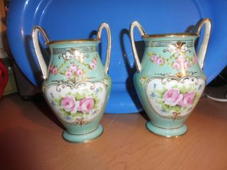 2 Japan Vintage Nippon Matching Vases Hand Painted Florals Blue Teal Green Roses