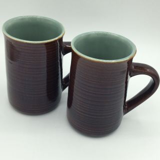 Pair Red Wing Pottery Village Green Usa Vintage Coffee Mug Cup Brown Green Vtg