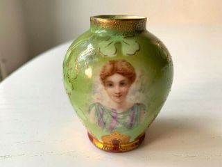 Miniature E.  S.  Royal Saxe Germany Portrait Clover Leaf Gilt Vase Porcelain