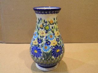Kalish Unikat Polish Pottery Ceramic Vase Bright Floral Design