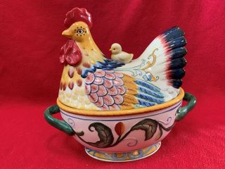 Fitz & Floyd Chicken Hen Chick Oval Covered Veg Bowl Country Gourmet Dish