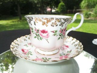 Cup Saucer Royal Albert Gold Lace Pink Cabbage Roses White Over Blush Pink