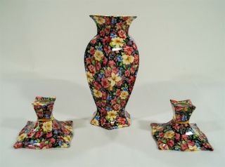 Royal Winton Grimwades Florence 1995 Chintz 9 " Hexagonal Vase & Candlestick Pair