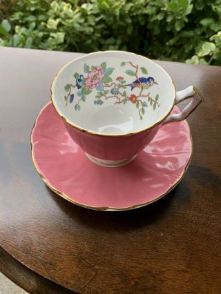 Vintage Aynsley Pink Pembroke Crocus Blue Bird Teacup & Saucer English