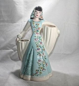Lady Vase 1940s Weil Ware Ca Pottery Woman In Blue Dress And Scarf Double Vase