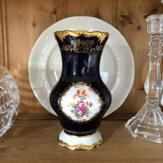 Vintage Echt Weinmar Kobalt 7 " Porcelain And Gold Leaf Floral Vase