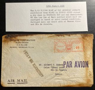 1939 Detroit Mi Usa Plane Crash Mail Meter Cancel Cover To Rio De Janeiro Brazil