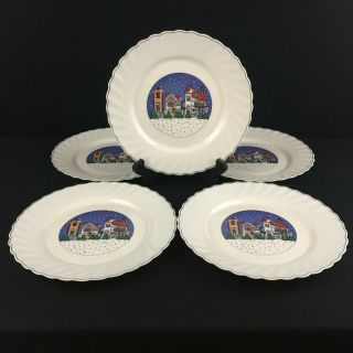 Set Of 5 Vtg Dinner Plates By Arcopal Holiday Village Christmas Winter France
