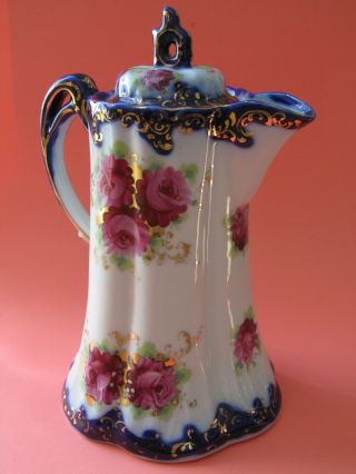 Antique Hand Painted Chocolate Coffee Pot Cobalt Blue Roses Nippon Art Pottery