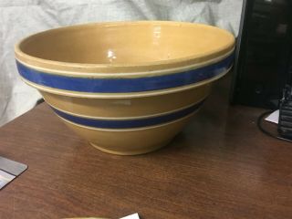 Vintage Large 10 - 1/2 " Blue & White Banded Yellow Ware Batter Bowl