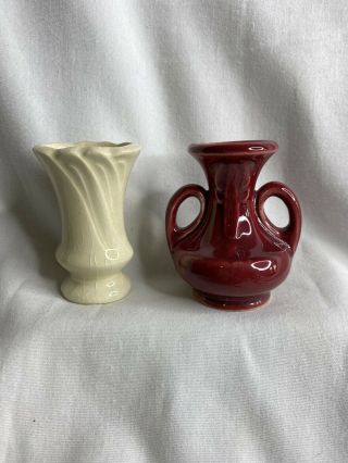 2 Shawnee Usa Pottery Burgandy Maroon Ivory Mini Miniature Vase Figurines