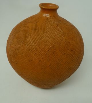 7 " Tall 6 " W Weed Pot Sculptured Pottery Vase Rustic Orange Textured Very Heavy