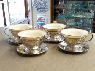 Set Of 4 Lenox Boullion Soup Bowls With Hartford Silver Co.  Holders,  Underplates